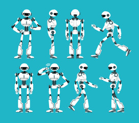 Robot character. Cartoon robotic mechanism, humanoid vector set