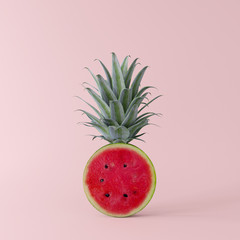 Watermelon sliced and pineapple leaf on pastel pink background. creative idea. minimal concept