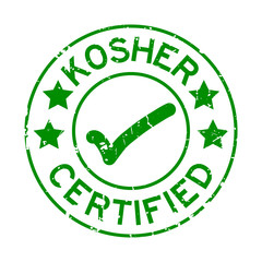 Grunge green kosher certified word with mark icon round rubber seal stamp on white background - obrazy, fototapety, plakaty