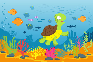 Turtle in underwater scene. Tortoise, seaweeds and fishes in ocean bottom. Cartoon marine vector background