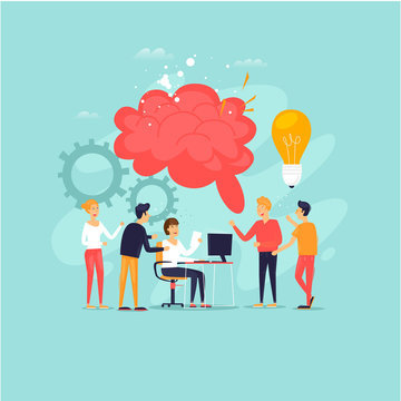Teamwork, brainstorming, a group of people working together, developing ideas. Flat design vector illustration.