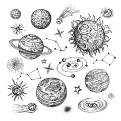 Hand drawn sun, planets, stars, comet, asteroid, galaxy. Vintage astronomical vector illustration in engraving style © MicroOne
