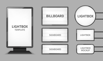 Light boxes. Retail lighting 3d billboards, retro cinema signs. Outdoor signage boards vector template