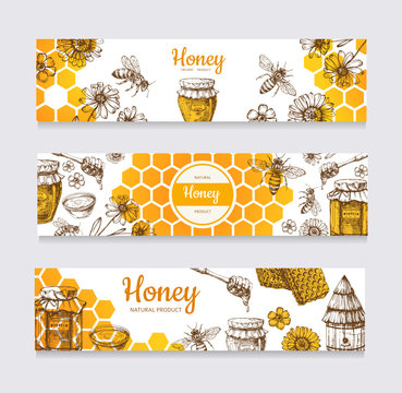 Honey banners. Vintage hand drawn bee and honeyed flower, honeycomb and hive vector labels