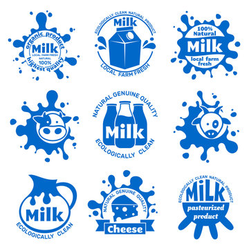 Fresh farm cow milk labels. Healthy dairy blue vector emblems for food packaging
