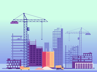 Fototapeta premium Building process. Unfinished buildings and construction machines. Vector illustration