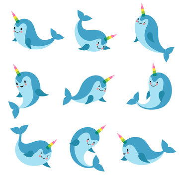 Cute cartoon anime unicorn narwhal. Funny kawaii baby whale vector characters
