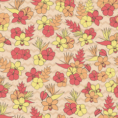 Vector tropical repeat pattern with orchid, hibiscus and bird of paradise flowers on the beige zig zag background with dots. Exotic floral print design.
