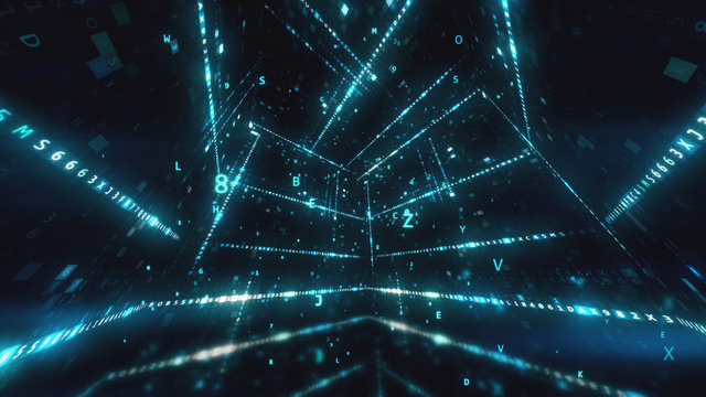 Rotating cube with hexadecimal machine code Abstract technological background 3d illustration