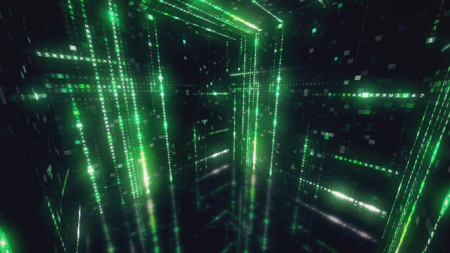 Rotating cube with hexadecimal machine code Abstract technological background 3d illustration