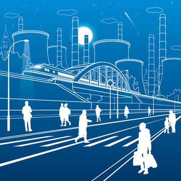 Urban infrastructure illustration. People walking at the street. Train move on bridge. Illuminated highway. Factory thermal power plant. Nnight city. White lines on blue background. Vector design art