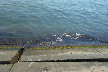 Marine breakwaters made of reinforced concrete slabs on the shore of the Black Sea