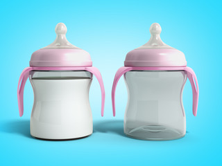 the baby bottle is empty and with milk 3d render on blue