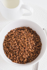 Chocolate flavoured crispy rice breakfast cereal top down view