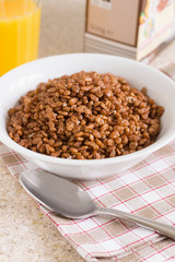 Chocolate flavoured crispy rice breakfast cereal top down view