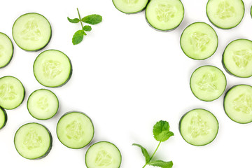 Sliced cucumber and mint background with copyspace
