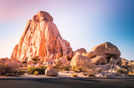 Beautiful rock climbing area landscape in Joshua Tree National Park, California, U.S.A. on hot summer day, before sunset.