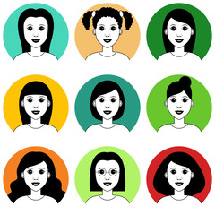 Beautiful young girls avatar set. Pretty girl with different haircut style. Vector few color clipart illustration isolated on white background