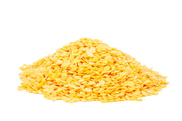 Pile of lot of whole raw red lentils isolated on white background