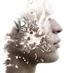 Paintography. Double expsoure portrait of an attractive sexy model combined with hand drawn ink painting with depth and texture