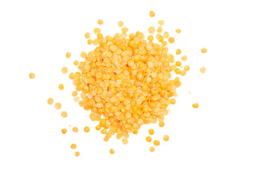 Lot of whole raw red lentils stack flatlay isolated on white background