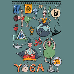 yoga asanas and signs on the background