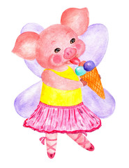 Nice pig. Symbol of year. Watercolor illustration.
Sweet pig fairy. Symbol of 2019. Illustration for printing on children's jackets, t-shirts, diapers, etc.