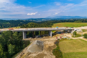 Fototapeta na wymiar Aerial drone view on highway construction