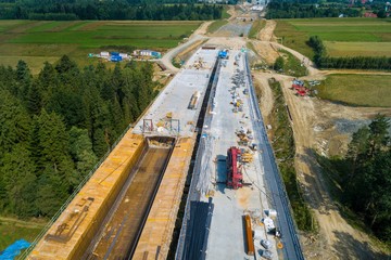 Aerial drone view on road construction