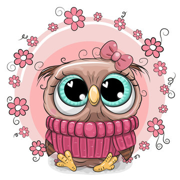 Cute Cartoon Owl with flowers
