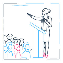 Businesswoman speaking from a platform - line design style illustration