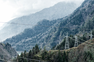 Electric poles in mountains, electricity in mountain regions, complicated electrification...