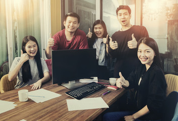 group of asian younger freelancing team work happiness emotion in home office