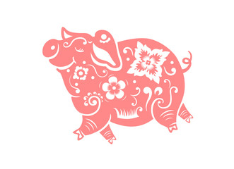 Pink pig isolated on white. Symbol of 2019 year.