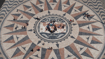 Huge compass rose mosaic square with world map, view from Monument to the Discoveries