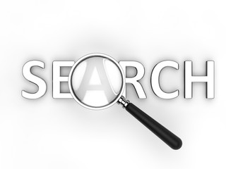 image of silver text search under a magnifying glass, isolated on white background. 3D rendering