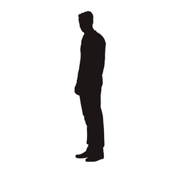 Man in jumper standing, isolated vector silhouette. Side view, people with slim body