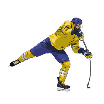 Offensive ice hockey player shooting puck, isolated vector illustration. Winter team sport. Yellow jersey