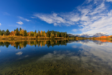 Scenic Reflection Landscape of the Tetons in Autumn