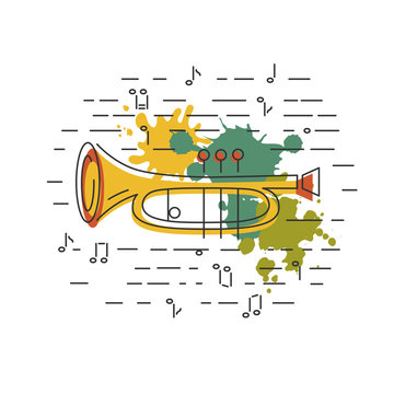 Cornet or horn icon isolated on background with painting splashes.