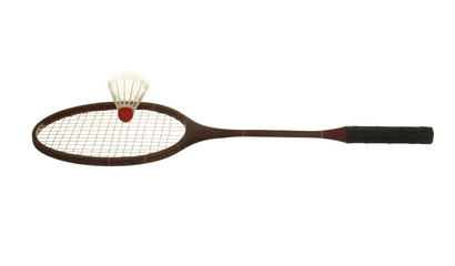 Old wooden badminton racket and shuttlecock isolated on white background.