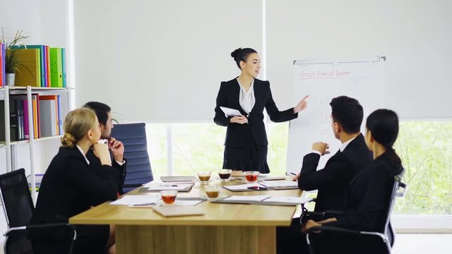 4K Business group clapping hands congratulate businesswoman presenting