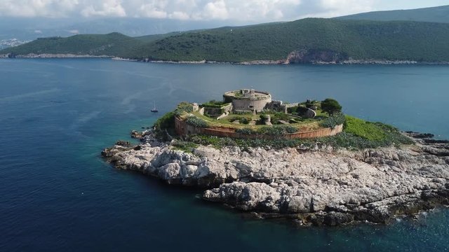 Aerial drone shot of Mamula Island in Montenegro