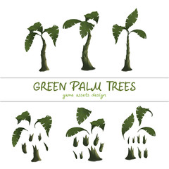 Cartoon green palm trees on a white background. Set of isolated elements - game assets design. Set of isolated objects of a tropical tree trunk and green leaves © Iryna Bidovska