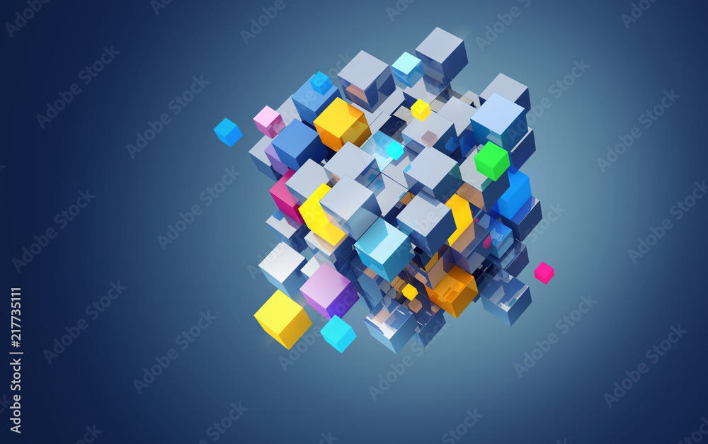 Poster 3d rendering abstract block of color cubes, on blue background. file contains a path to isolation.