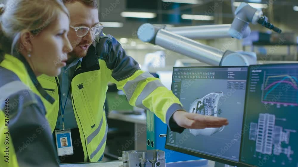 Aufkleber at the factory: male mechanical engineer and female chief engineer work together on the personal com