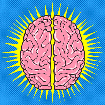 Comic Human brain. View from above. Pop Art vintage vector illustration