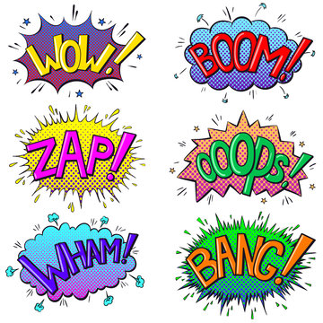 Comics text sound effects. Bubble speech phrases Boom, Wow, Zap, Oops, Wham, Bang. Vector illustration