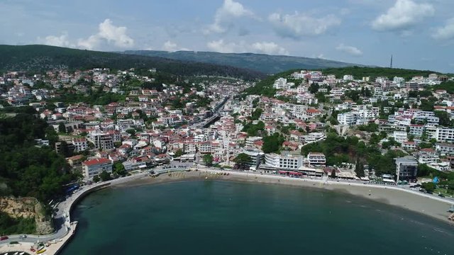 Aerial drone shot of Ulcinj city coastline in Montenegro