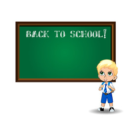 school boy near blackboard with chalky inscription back to school on white background.